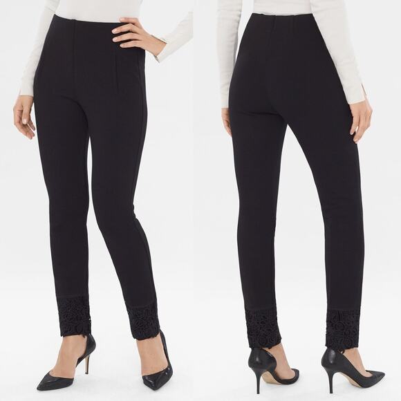 Chico’s Sz 4 Regular NWT So Slimming Lace Hem Juliet Ankle Pants Black Ponte - Picture 1 of 13